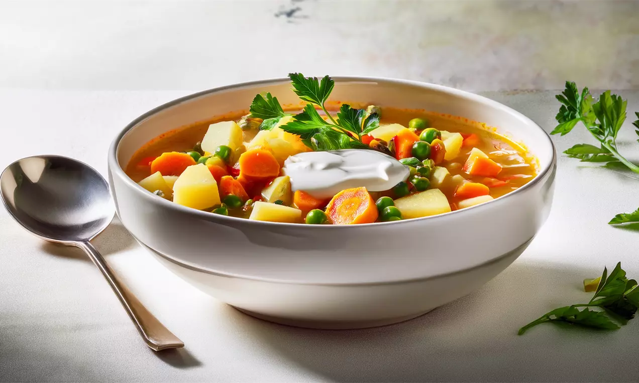 Einfache Schale mit Gemüsesuppe, Creme fraîche, frischen Kräutern - Rezept mit Kartoffeln, Möhren, Sellerie und Erbsen für eine schnelle, gesunde Mahlzeit. Koche jetzt einfach und lecker, AI-labeled image