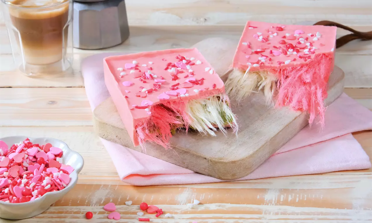 Zwei rosa Quadrate aus Schokolade mit bunten Zuckerstreuseln und pastellfarbenem, faserigem Teig auf einem Holzbrett mit rosa Stoff drapiert