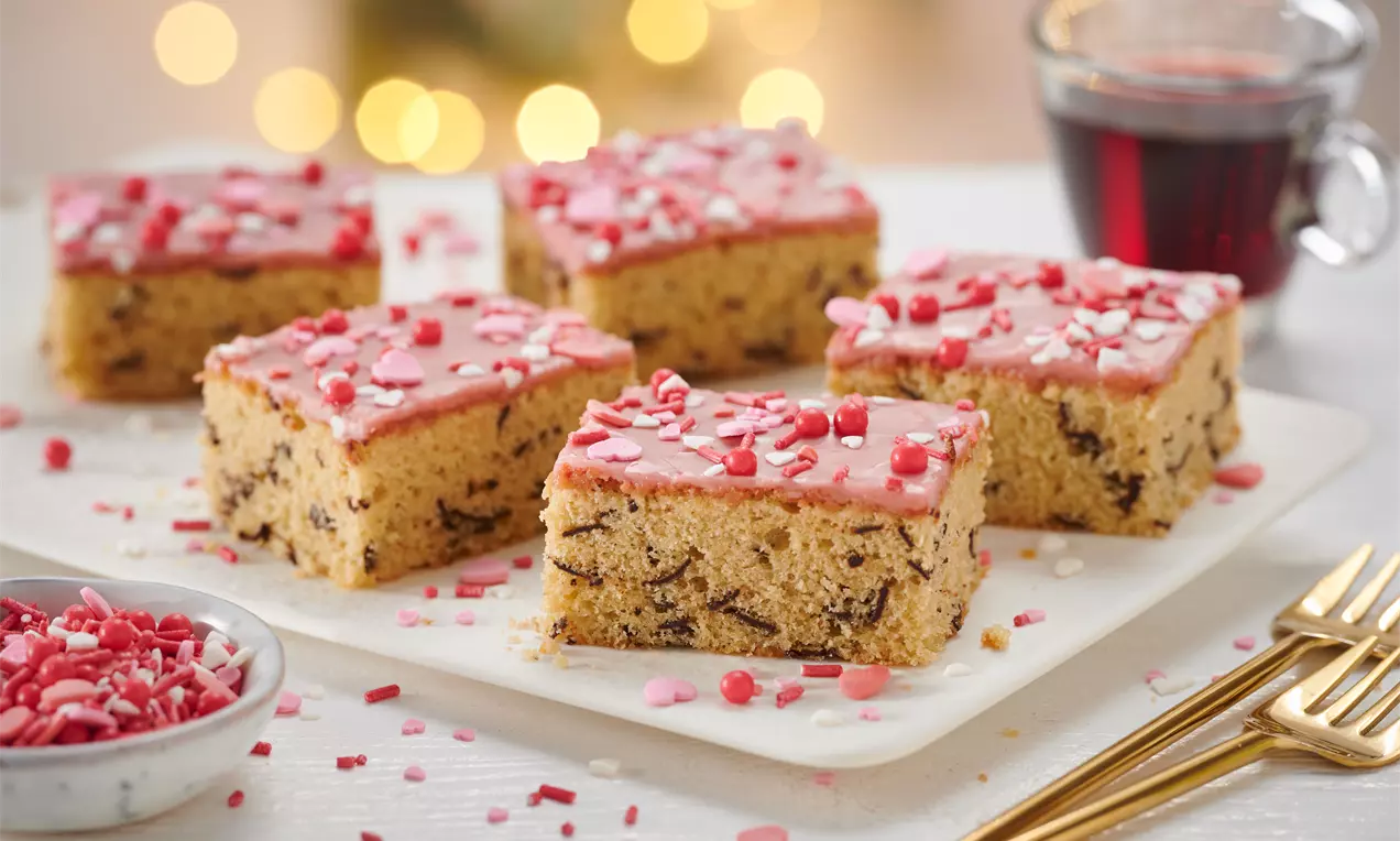 Fünf rechteckige Stücke Glühweinkuchen mit rosafarbenem Zuckerguss, Schokoladenstückchen und roten Streuseln auf weißer Keramikplatte