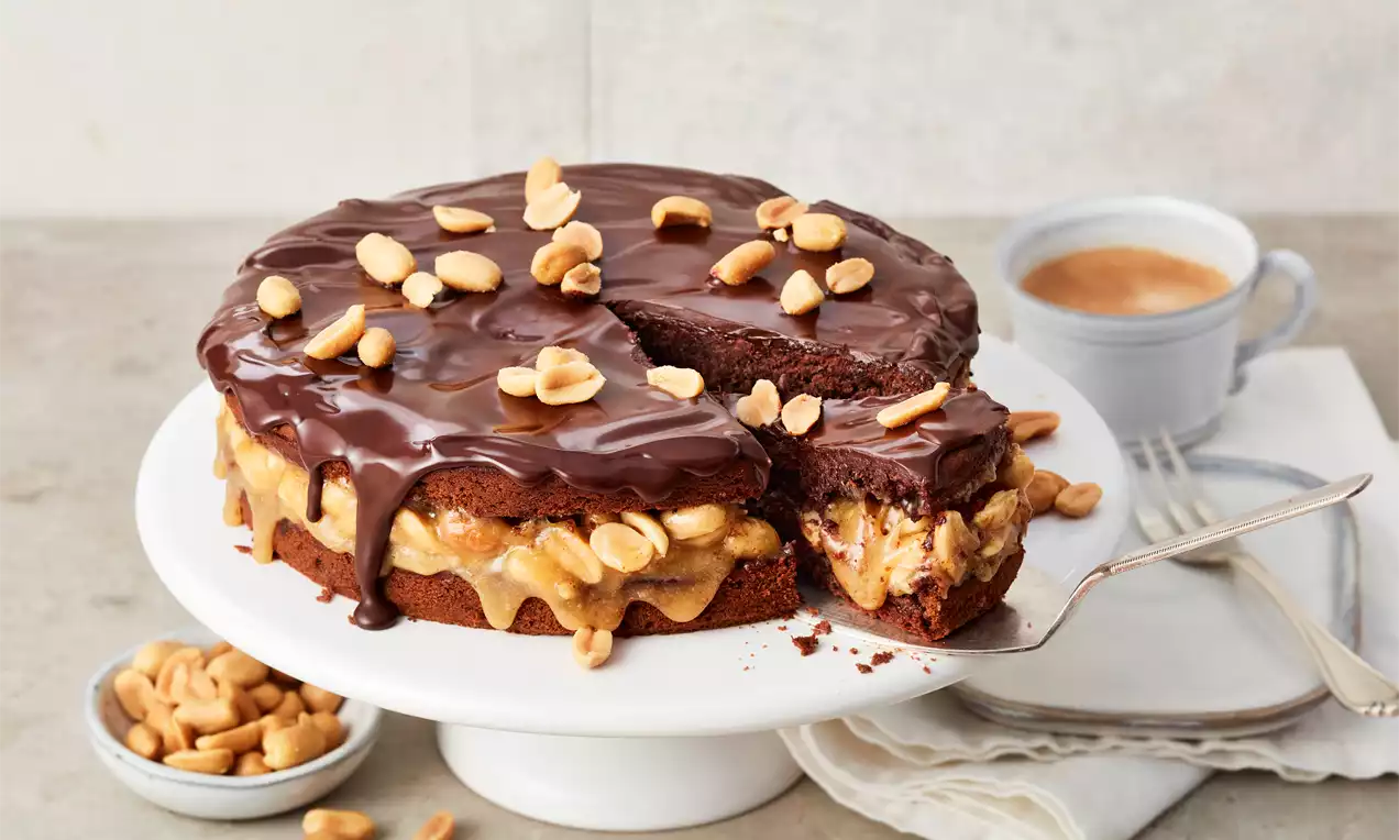 Runder Kuchen mit zwei dunklen Böden, mittlerer Erdnusscreme-Schicht und glänzender Schokoglasur, bestreut mit Erdnüssen auf weißer Tortenplatte