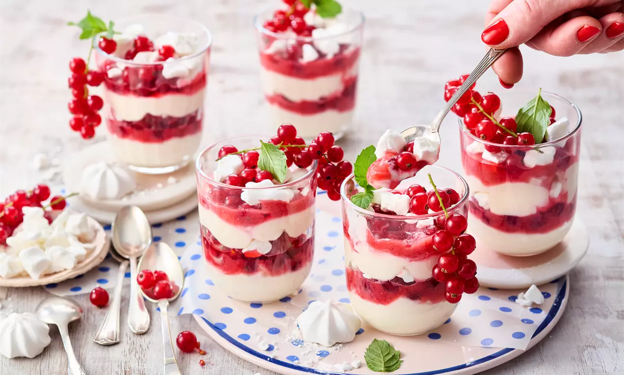 Schichtdessert aus weißer Creme und rotem Johannisbeerpüree in Gläsern, garniert mit Johannisbeeren, Minze und Baiserstückchen auf einem Teller