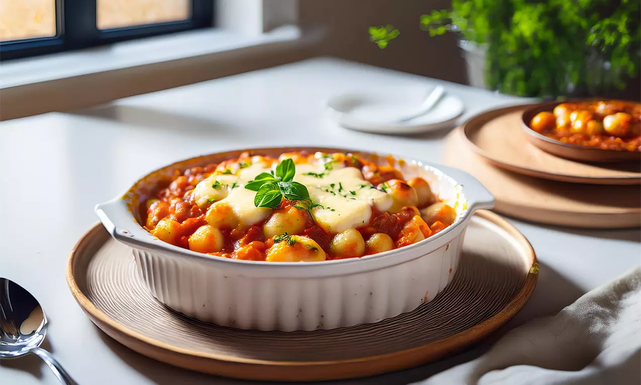 Auflaufform mit Gnocchi in Tomatensoße mit Käse überbacken auf Untersetzer auf Küchentisch. Gnocchi Auflauf schnell, einfach, Perfektes Rezept für jeden Tag!, AI-labeled image