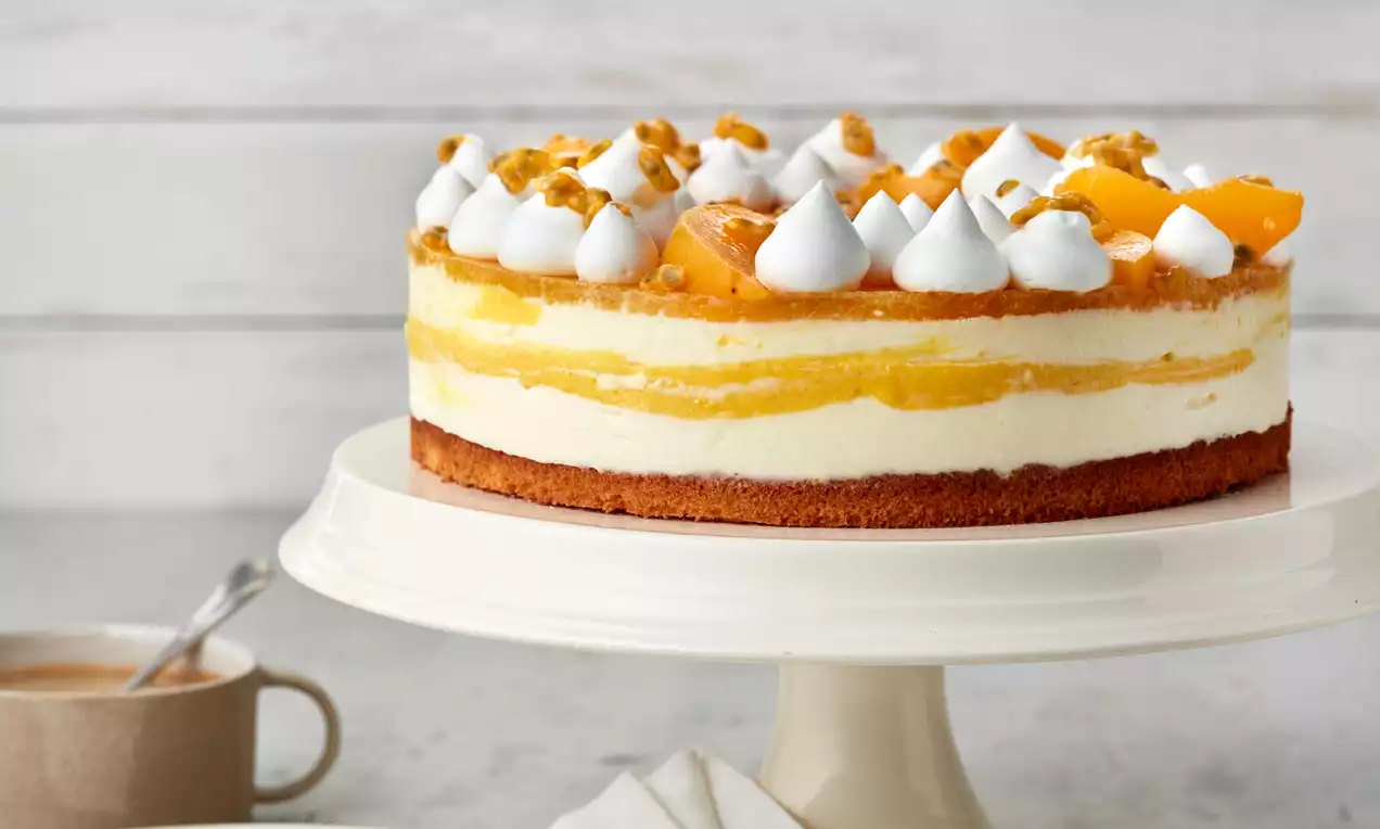 Solero-Torte mit weißer Quark-Creme, glänzender gelb-orange Maracuja-Glasur und Pfirsichspalten auf dunklem Boden auf weißer Tortenplatte